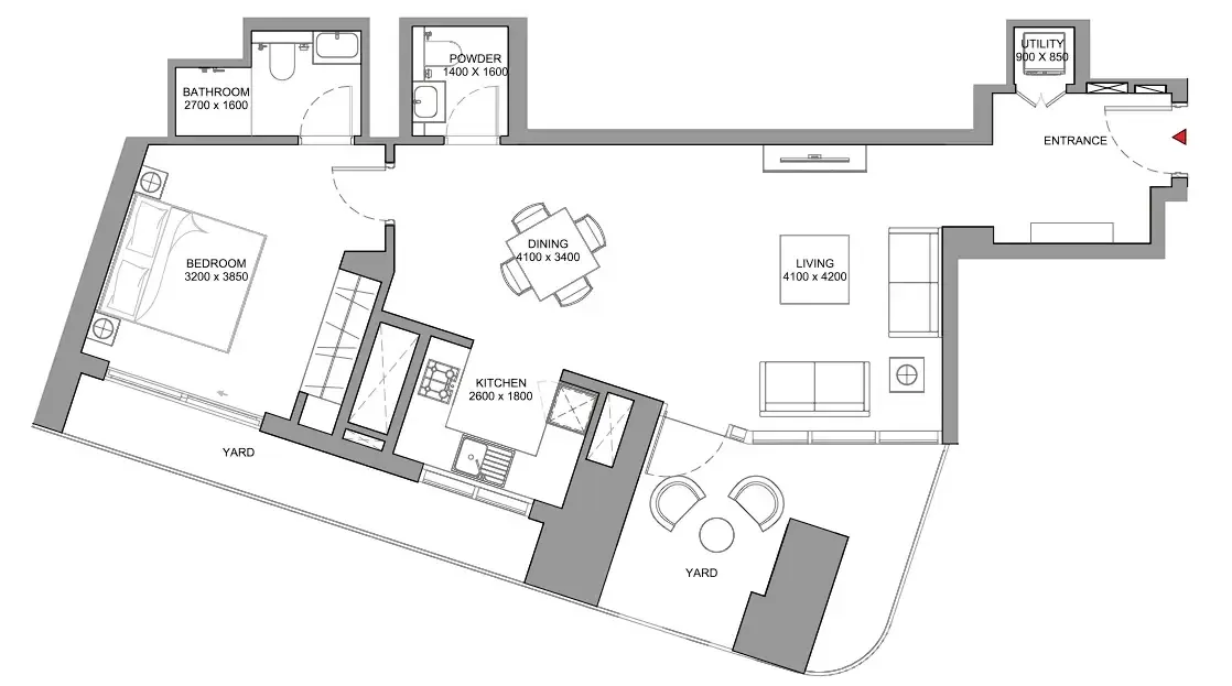 Skyscape 1 bed floor plan, 1,022 sqft