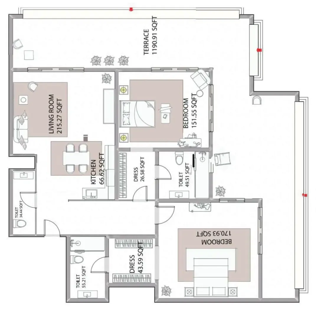 Ajman Creek Towers 2 bed floor plan, 2,113 sqft
