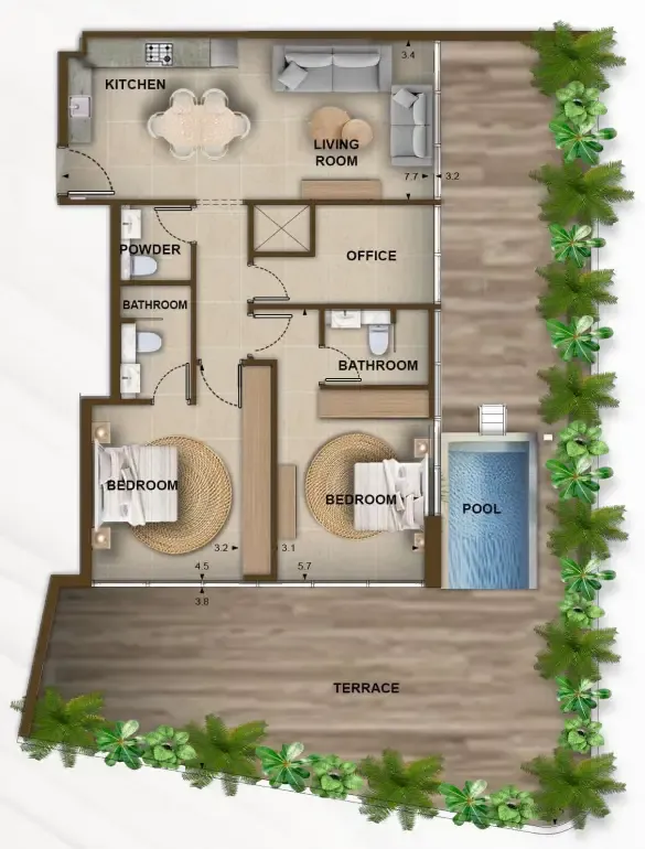 105 Residences by Kamdar 2 bed floor plan, 1,852 – 1,856 sqft