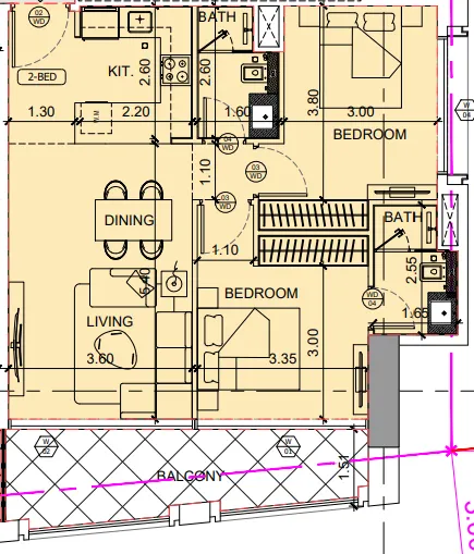 Binghatti Twilight 2 bed floor plan, 892 sqft