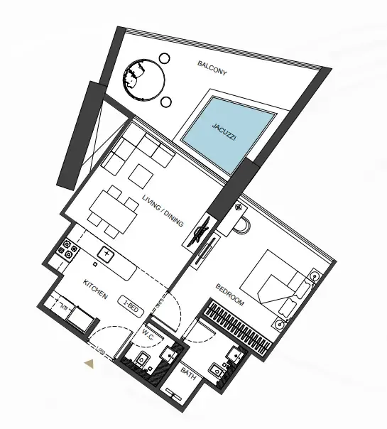 Binghatti Royale 1 bed floor plan, 807 sqft