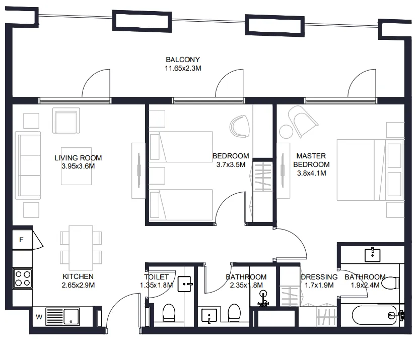 Tiraz Apartments 2 bed floor plan, 1,141 sqft
