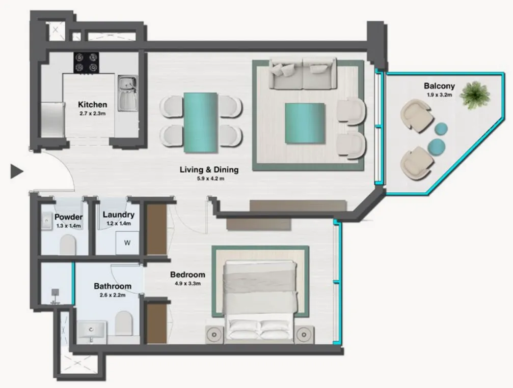 Sereno Residences 1 bed floor plan, 746 sqft