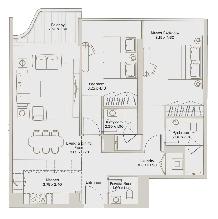 Eleve 2 bed floor plan, 1,072 sqft