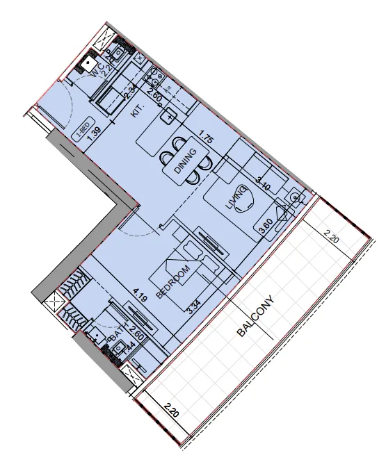 Binghatti Aquarise 1 bed floor plan, 832 sqft