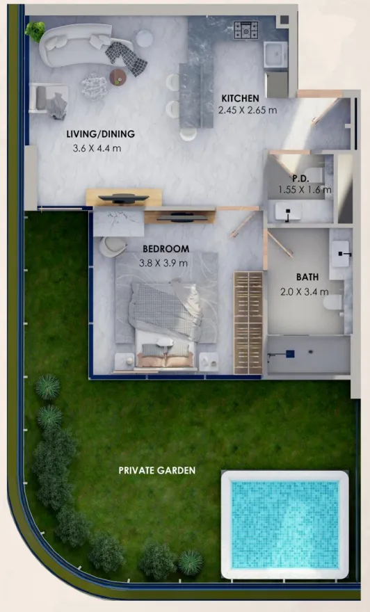 Marquis Vista 1 bed floor plan, 1,059 sqft