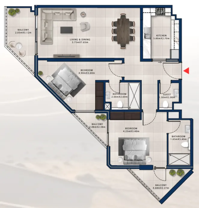 Asayel Avenue 2 bed floor plan, 1,335 sqft