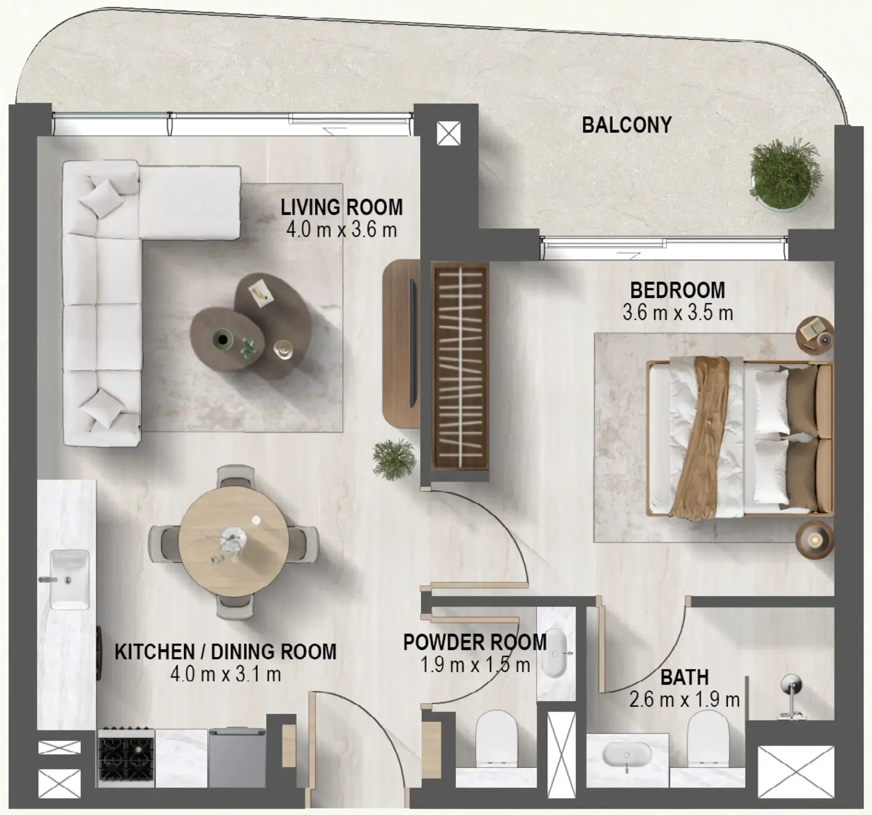 Sanctuary 1 bed floor plan, 722 sqft
