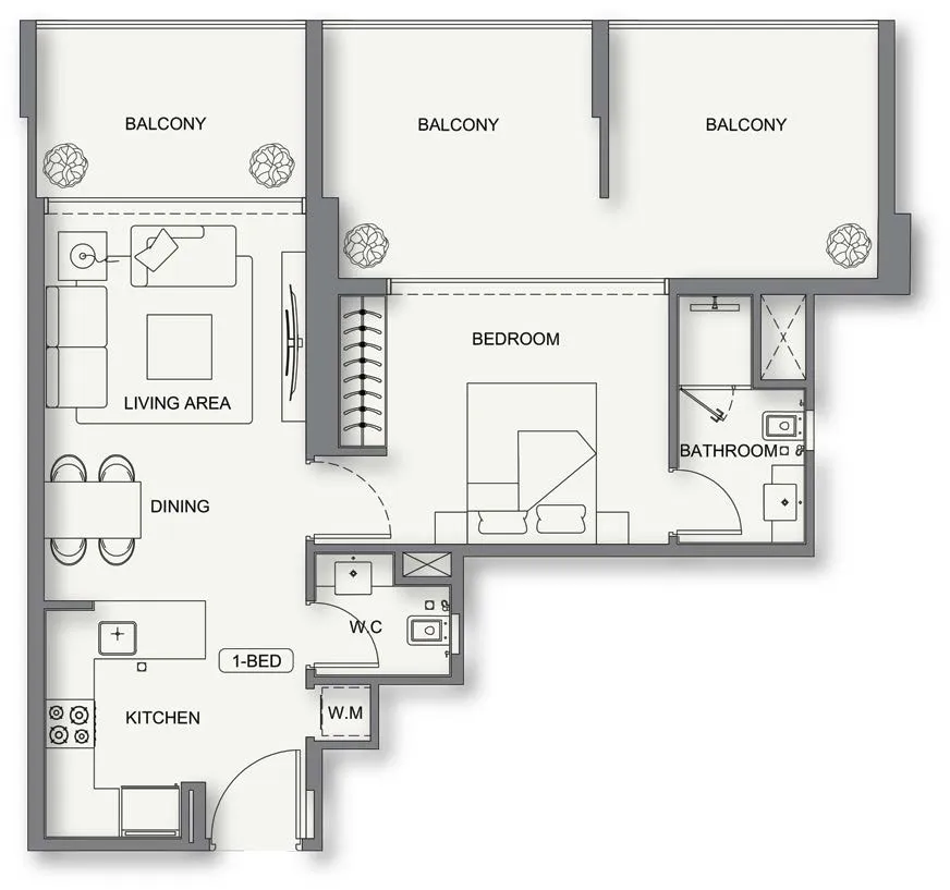 Binghatti Cullinan 1 bed floor plan, 875 – 883 sqft