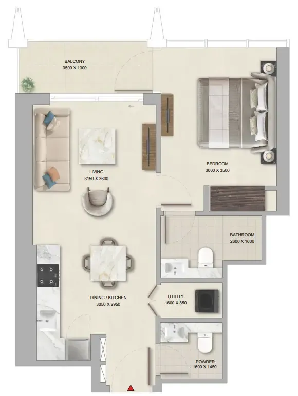 The Pinnacle at Sobha Central 1 bed floor plan, 610 sqft