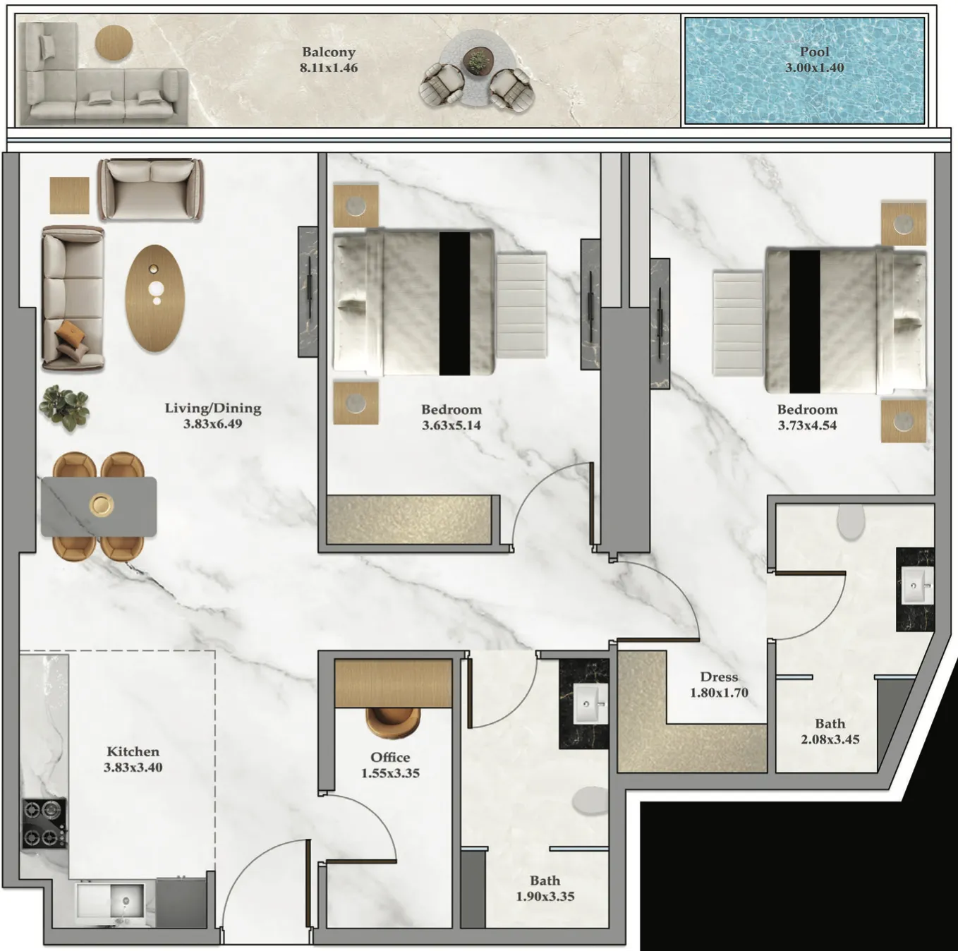 Bayz 102 2 bed floor plan, 1,276 sqft