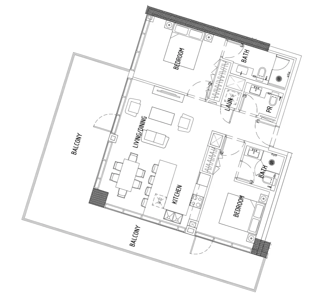 Damac District 2 bed floor plan, 1,368 sqft