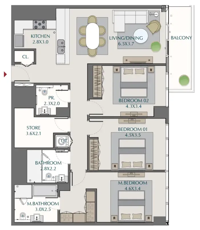 Wasl1 1 Residences 3 bed floor plan, 1,673 sqft