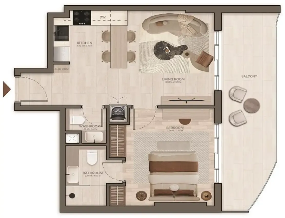 Stax 1 bed floor plan, 681 sqft