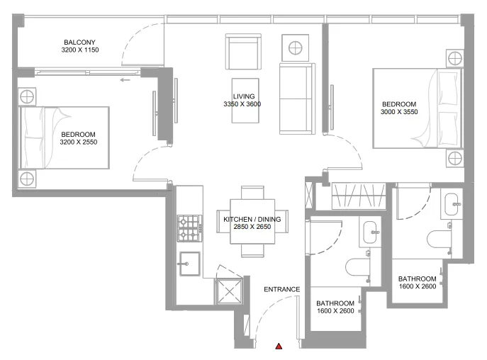 Bayfront Marina Residences 2 bed floor plan, 654 sqft