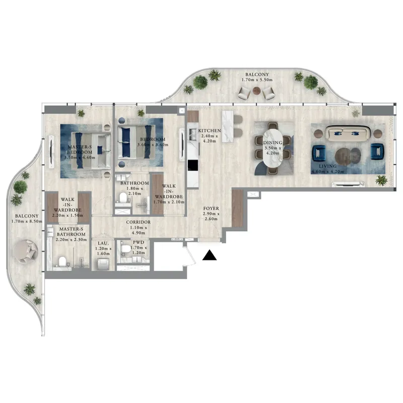 Royal Yacht Club Residence 2 bed floor plan, 1,523 sqft