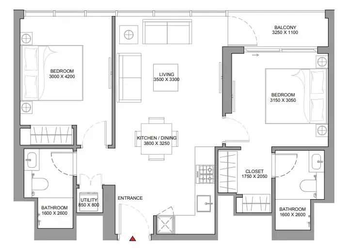 Pearlside Marina Residences 2 bed floor plan, 775 sqft