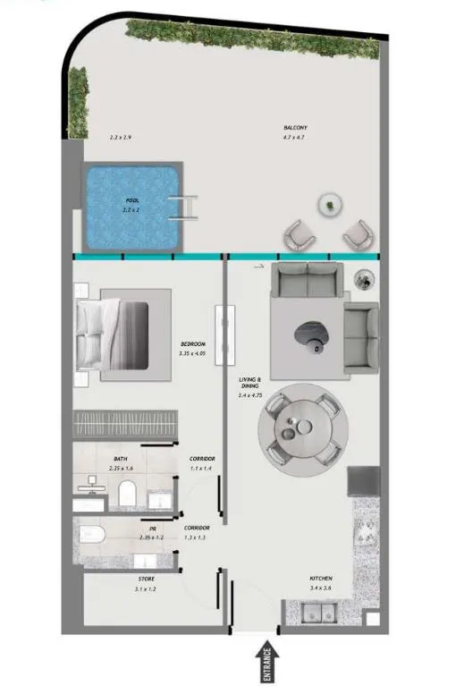 Samana Resorts 1 bed floor plan, 1,067 sqft