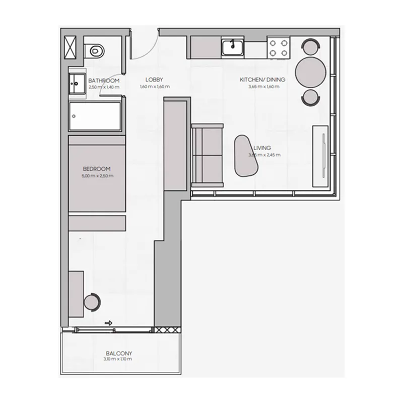The Community JVT 1 bed floor plan, 464 sqft
