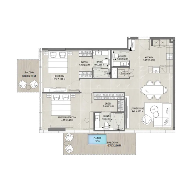 Allegro Park 2 bed floor plan, 1,266 – 1,349 sqft