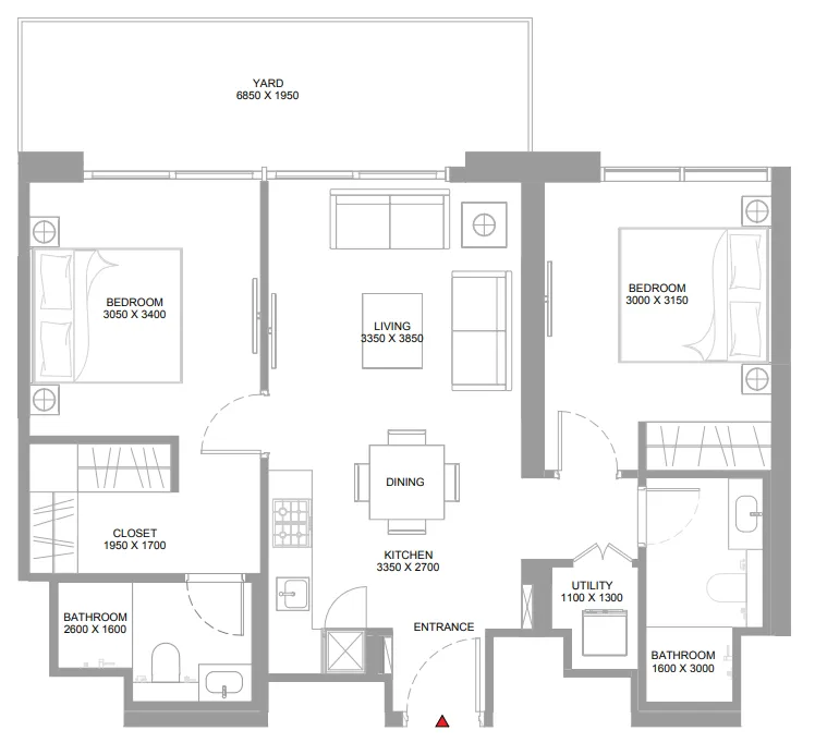 Pristine Beach Residences 2 bed floor plan, 907 sqft