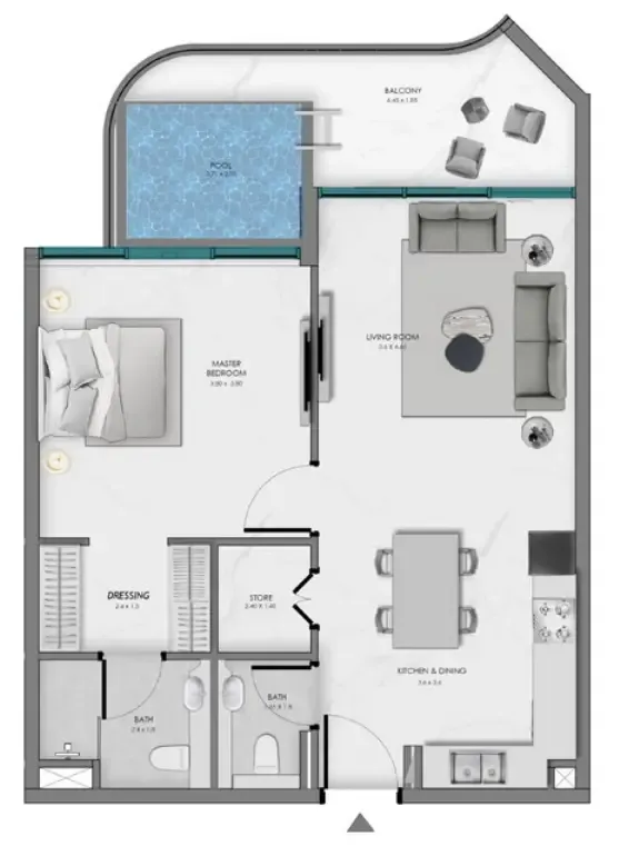 Samana Ocean Bay 1 bed floor plan, 823 sqft