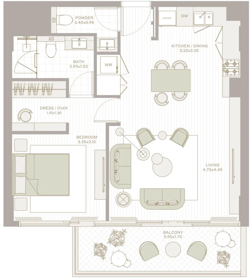 Park Five 1 bed floor plan, 813 sqft