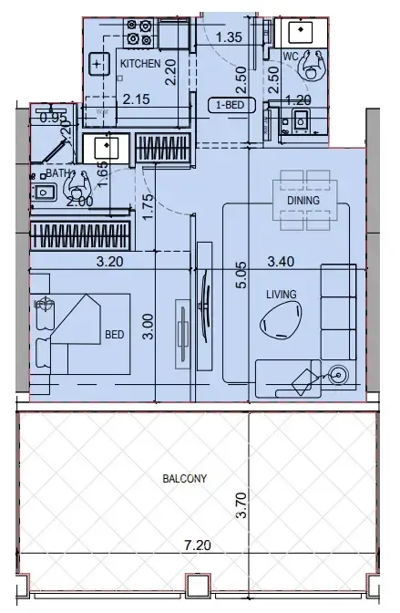 Binghatti Titania 1 bed floor plan, 842 sqft