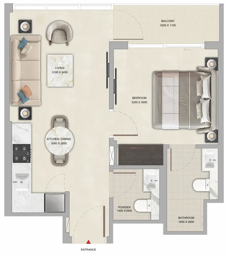 Tranquil Beach Residences 1 bed floor plan, 510 – 524 sqft