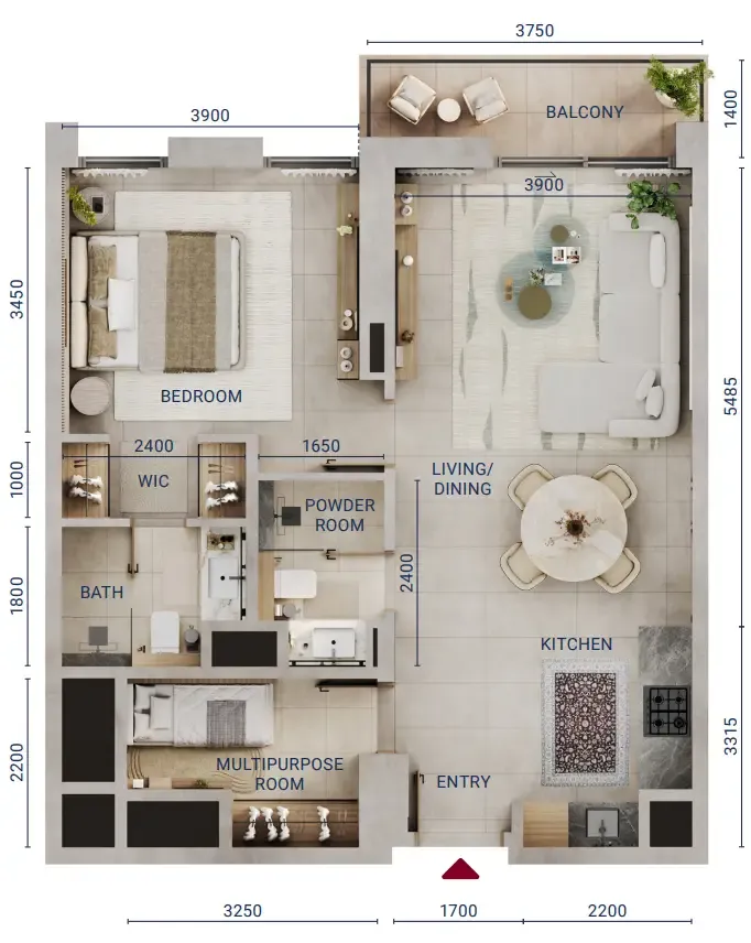 Mirdad 1 bed floor plan, 826 sqft