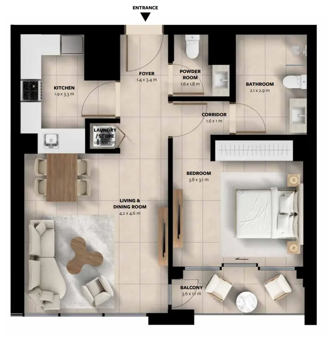 Waada Dubai South 1 bed floor plan, 748 – 753 sqft
