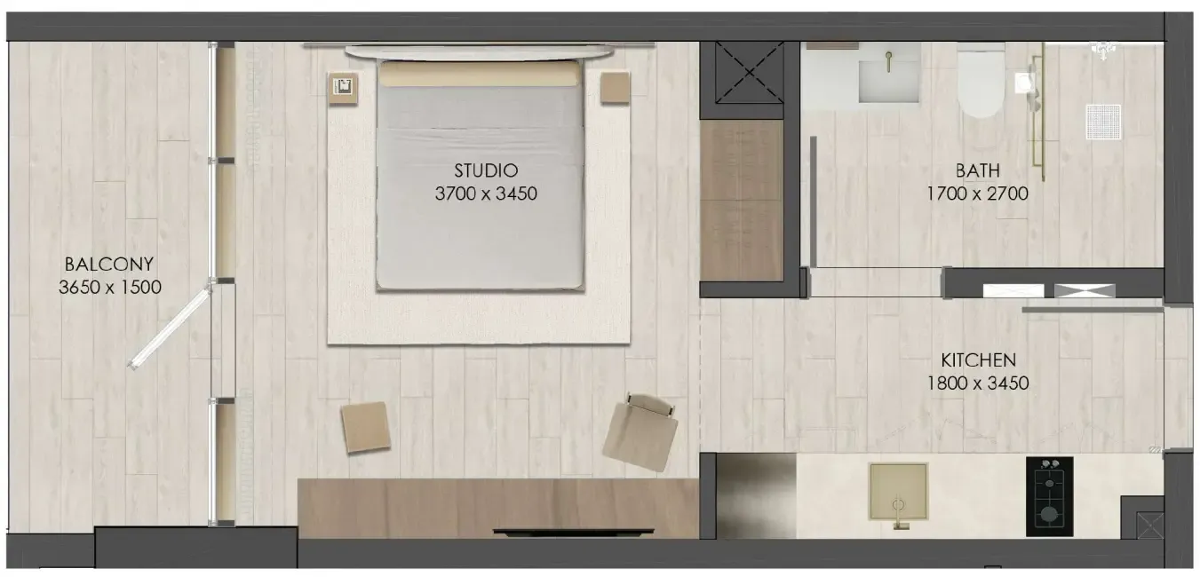JAD 288 Studio floor plan, 360 – 397 sqft
