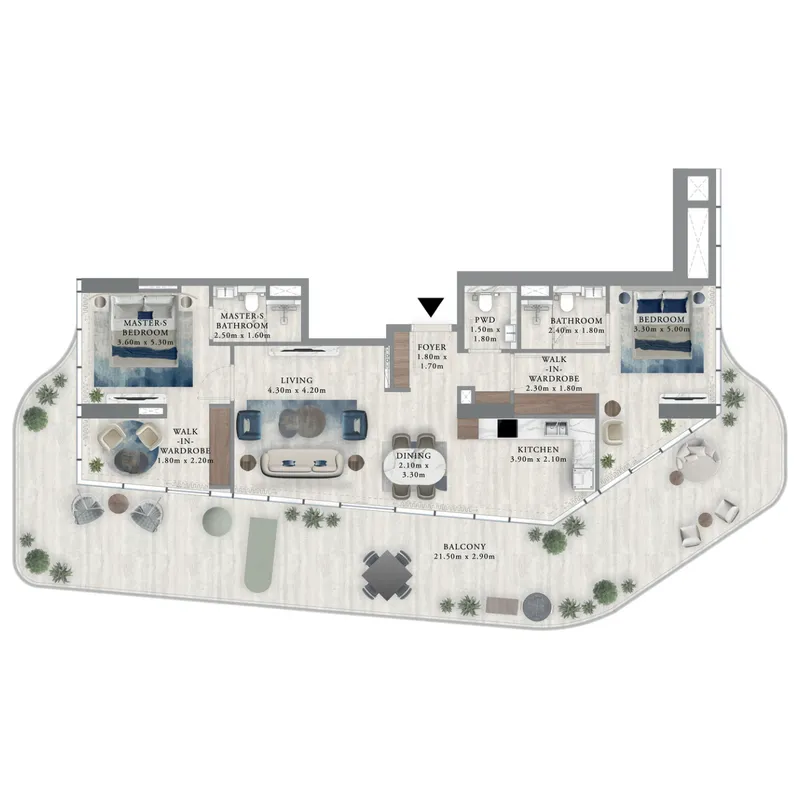 Royal Yacht Club Residence 2 bed floor plan, 1,886 sqft