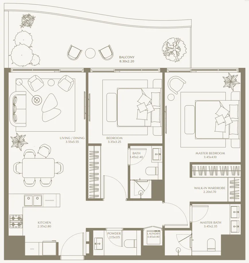AYA Beachfront Residences 2 bed floor plan, 1,146 – 1,344 sqft