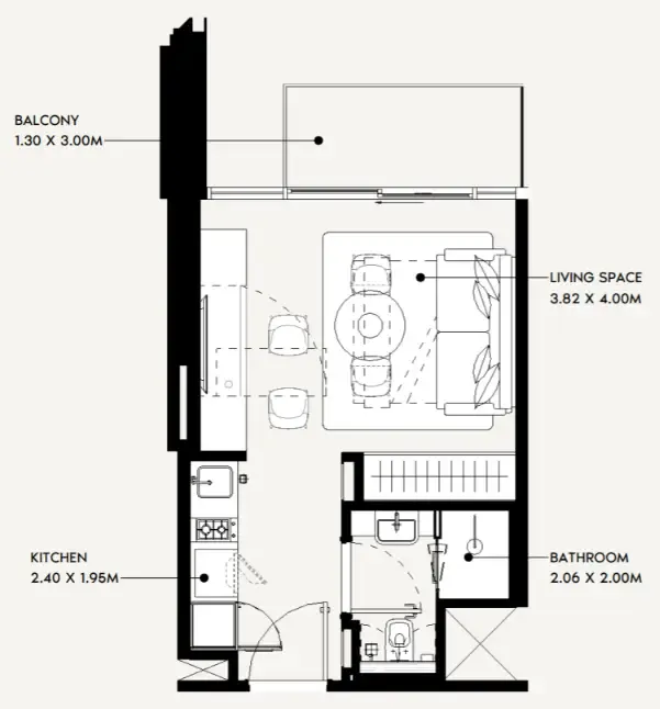 Jaddaf Beach Oasis Studio floor plan, 314 – 494 sqft