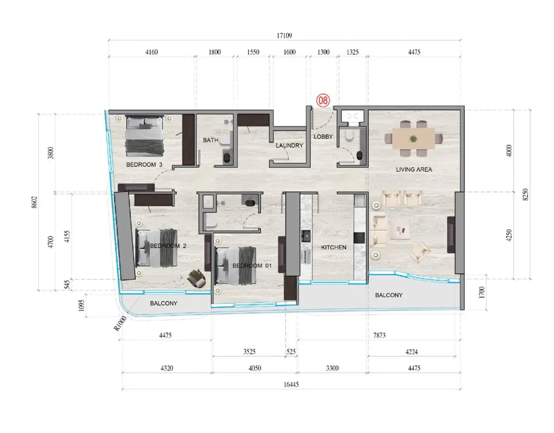 Al Ghaf Tower 3 bed floor plan, 1,791 sqft