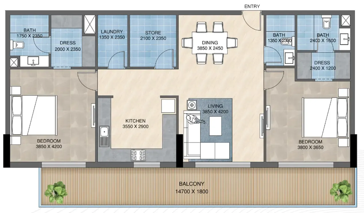 Sunbliss Residences 2 bed floor plan, 1,423 sqft