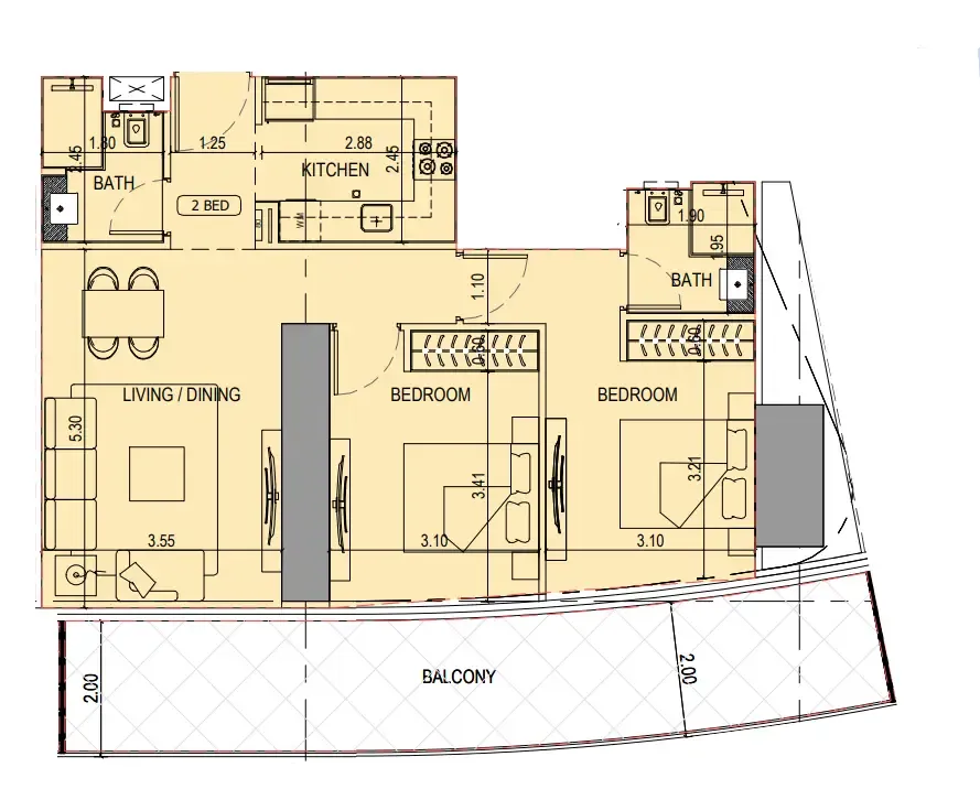 Binghatti Sky Terraces 2 bed floor plan, 1,090 sqft