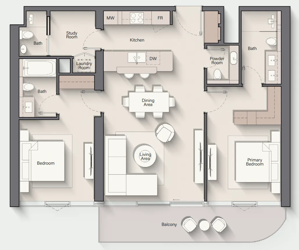 Costa Mare 2 bed floor plan, 1,274 sqft