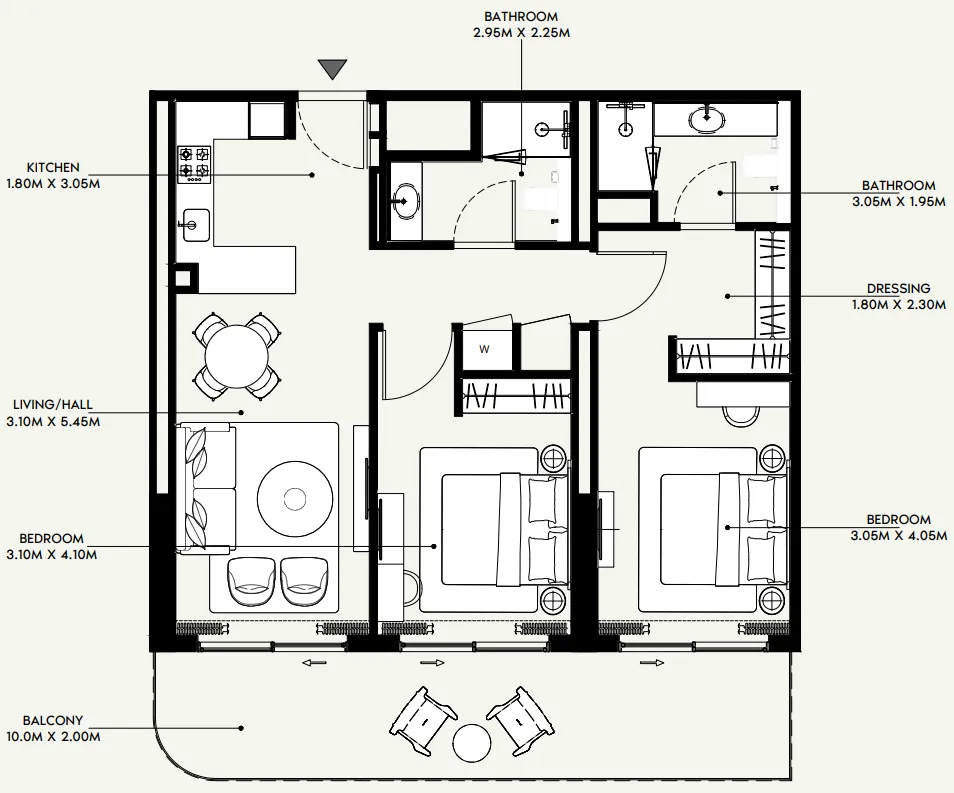 Azizi Venice 2 bed floor plan, 1,147 sqft