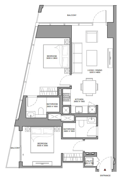 The Eden at Sobha Central 2 bed floor plan, 956 sqft