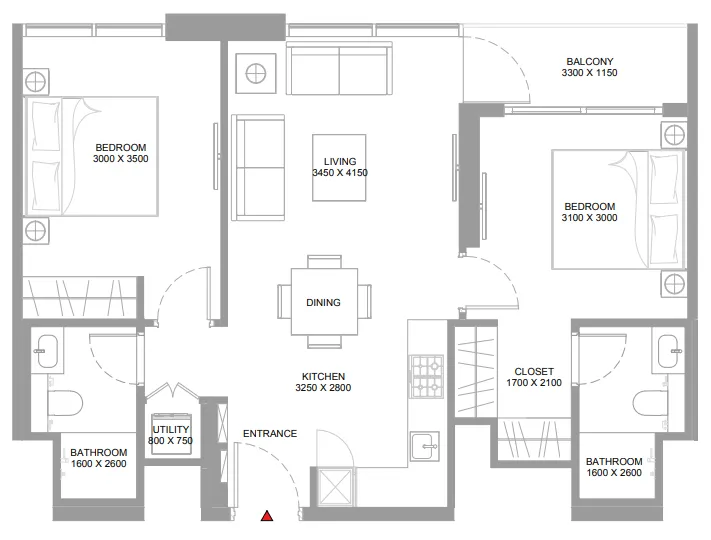 Pristine Beach Residences 2 bed floor plan, 776 sqft