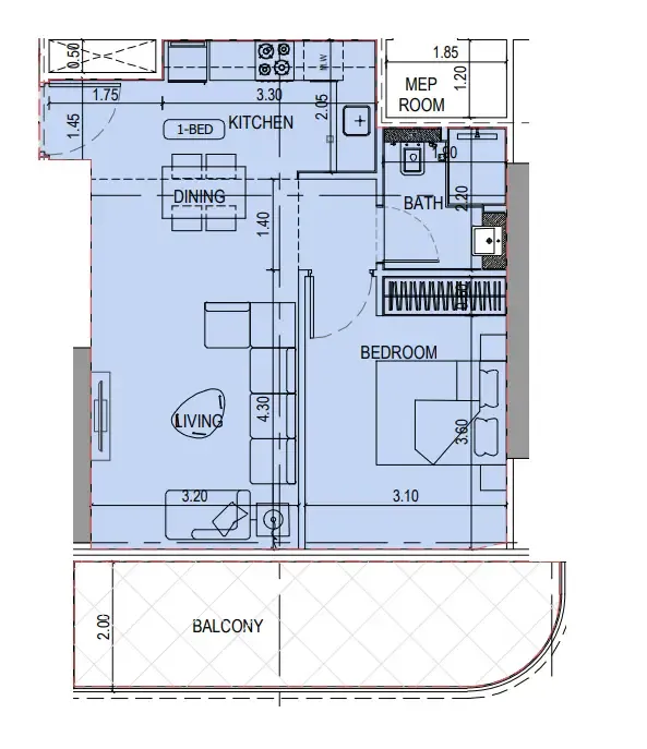 Binghatti Sky Terraces 1 bed floor plan, 728 sqft
