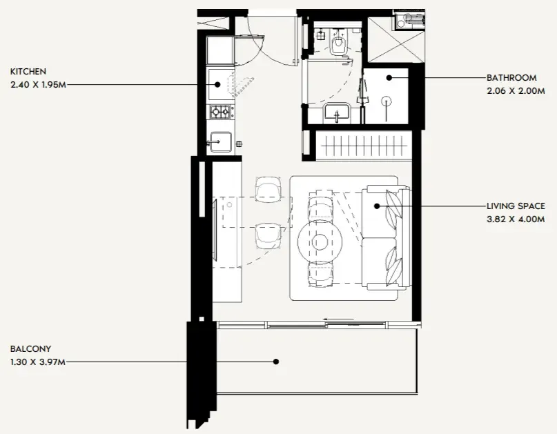 Jaddaf Beach Oasis Studio floor plan, 338 sqft
