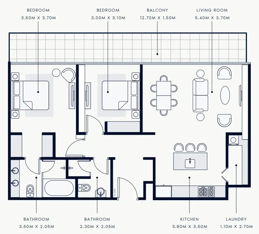 Riviera Rêve 2 bed floor plan, 1,247 sqft