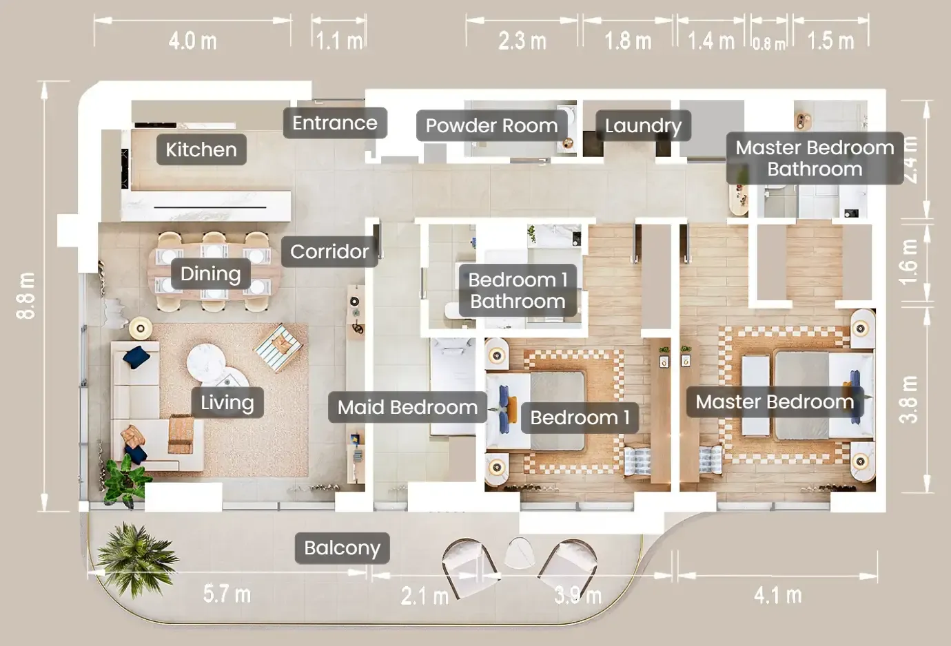 The Beach House Fahid 2 bed floor plan, 1,581 sqft
