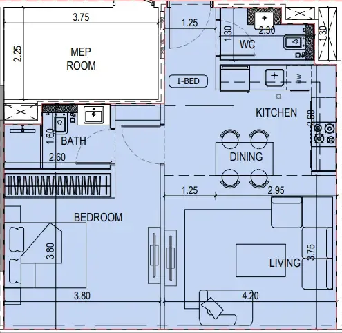 Binghatti Sky Terraces 1 bed floor plan, 612 sqft