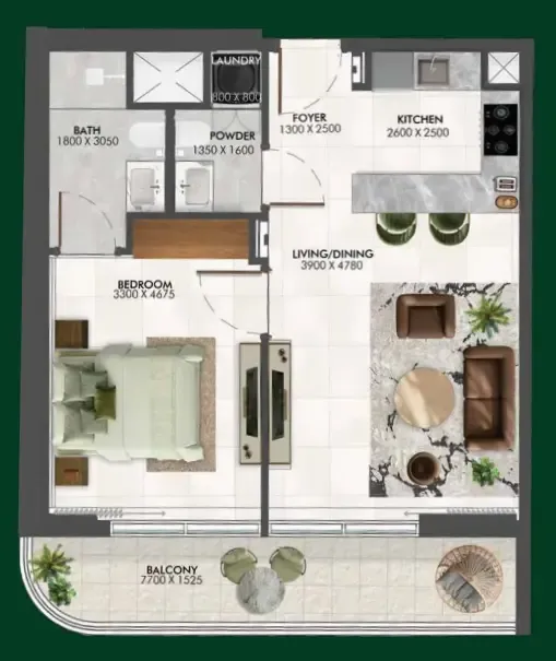 Enchante 1 bed floor plan, 728 sqft