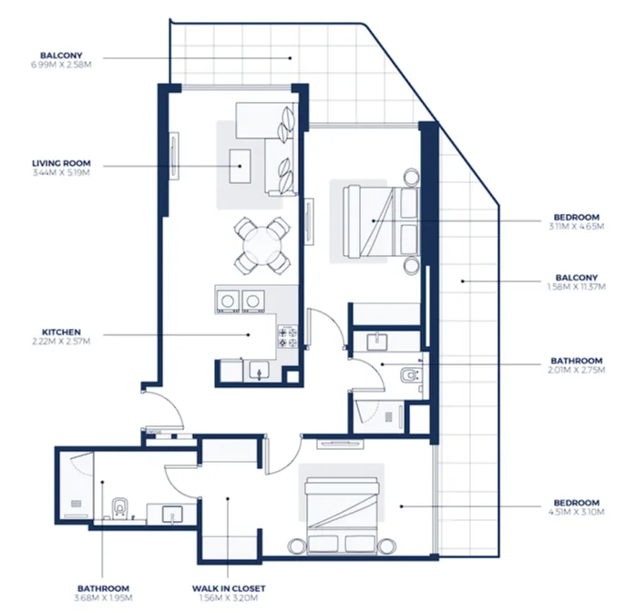 Creek Views 3 2 bed floor plan, 1,324 – 1,325 sqft