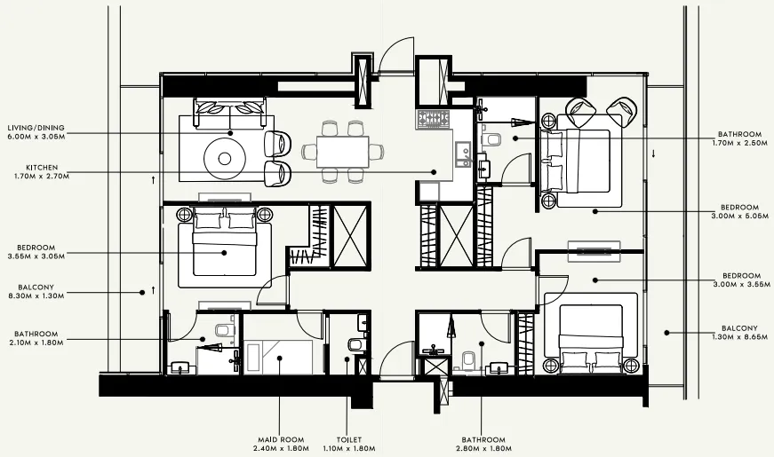 Azizi Milan 3 bed floor plan, 1,566 sqft